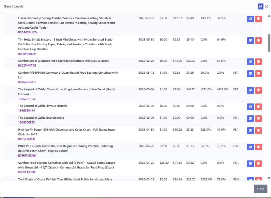 Saved Amazon product leads database with purchase cost, selling price, profit, ROI, margin and fulfillment type