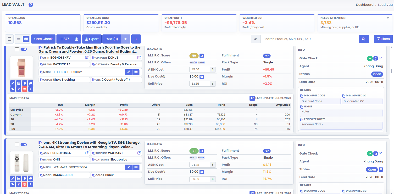 3P Mercury Lead Vault detail page showing saved lead information, supplier context, tags, notes, and product analysis.