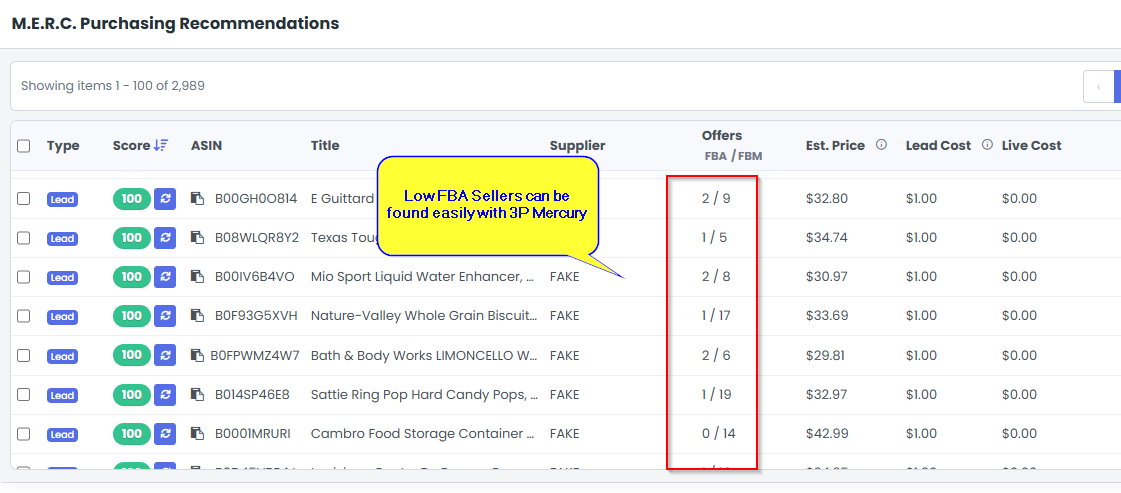 3P Mercury Merc filter displaying products with low FBA offer counts.