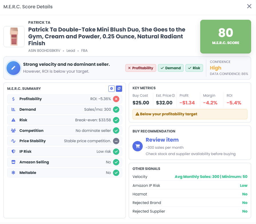 3P Mercury M.E.R.C. Score Details screen showing lead profitability, demand, risk, competition, price stability, IP risk, Amazon selling, and meltable checks.