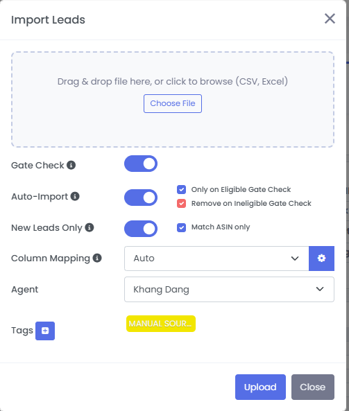 3P Mercury import leads modal with gate check, auto-import, new leads only, column mapping, agent, and tags options.