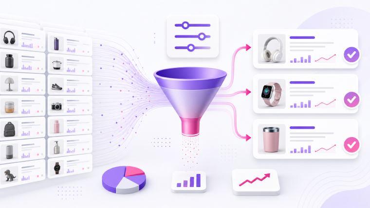 Illustration of bulk product leads flowing through a filter into a smaller set of qualified sourcing leads.