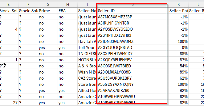 Spreadsheet export from Keepa highlighting seller ID values used for bulk sourcing.