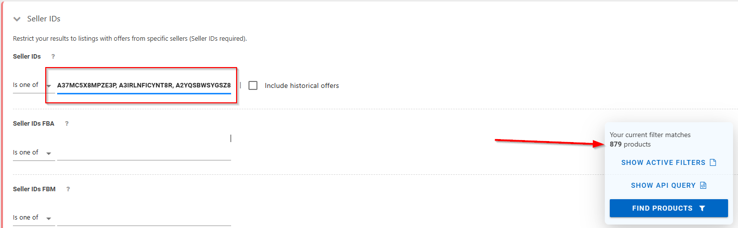 Keepa Product Finder seller ID filter showing seller IDs pasted into the search field and matching product results.