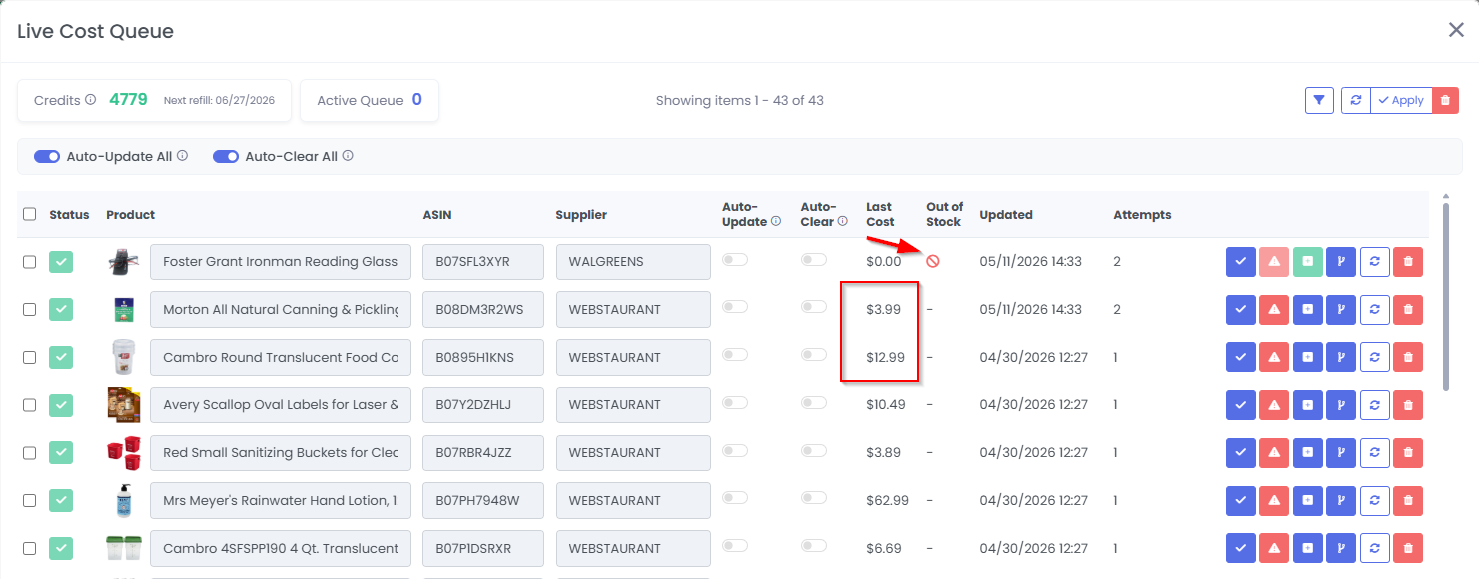 3P Mercury Live Cost Queue showing supplier cost checks, stock status, last cost, update time, and queue controls.
