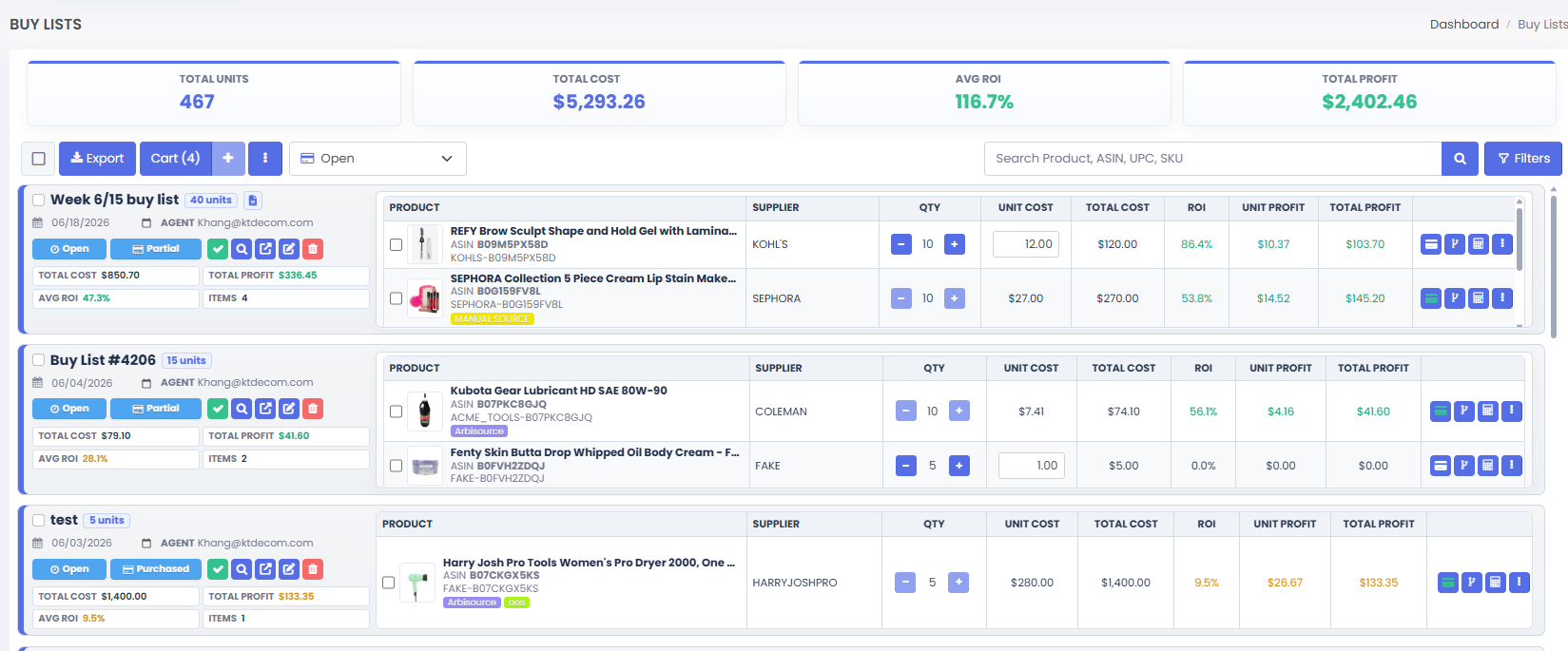 3P Mercury Buy Lists displaying total units, cost, ROI, expected profit, suppliers, and planned quantities.