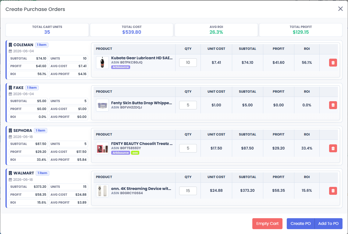 3P Mercury create purchase orders screen grouping products by supplier.