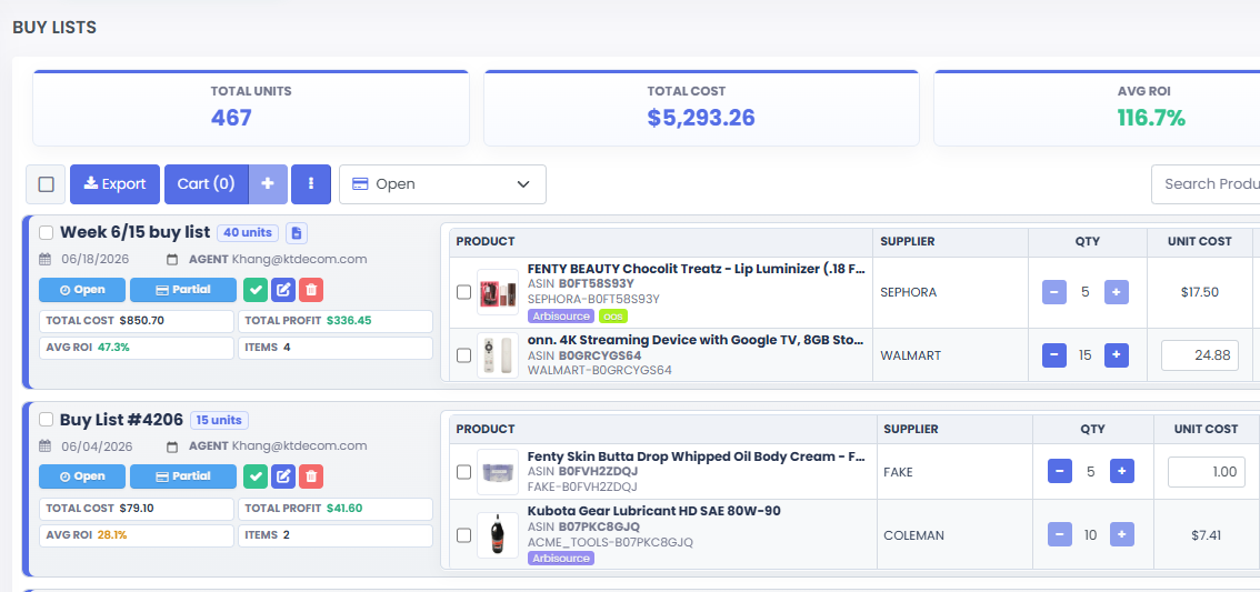 3P Mercury buy list dashboard showing total units, total cost, average ROI, and product rows.