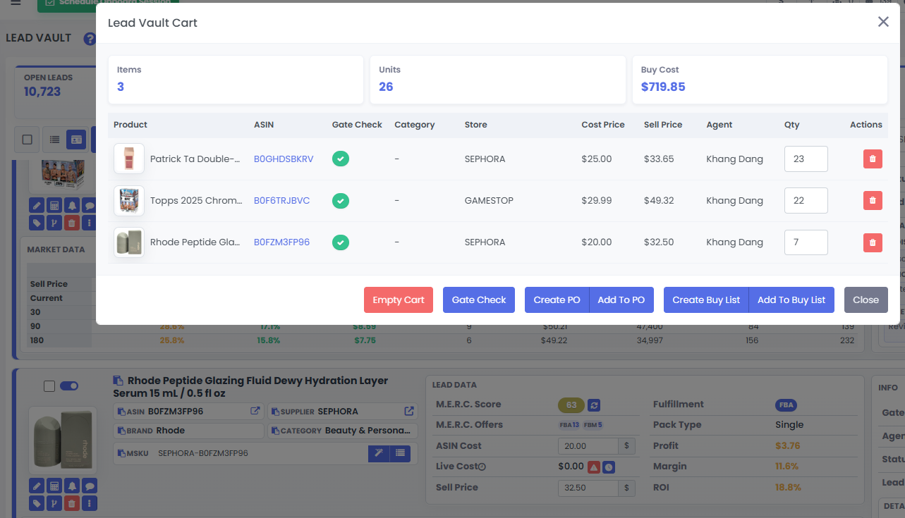3P Mercury Lead Vault cart showing products selected for possible purchase.