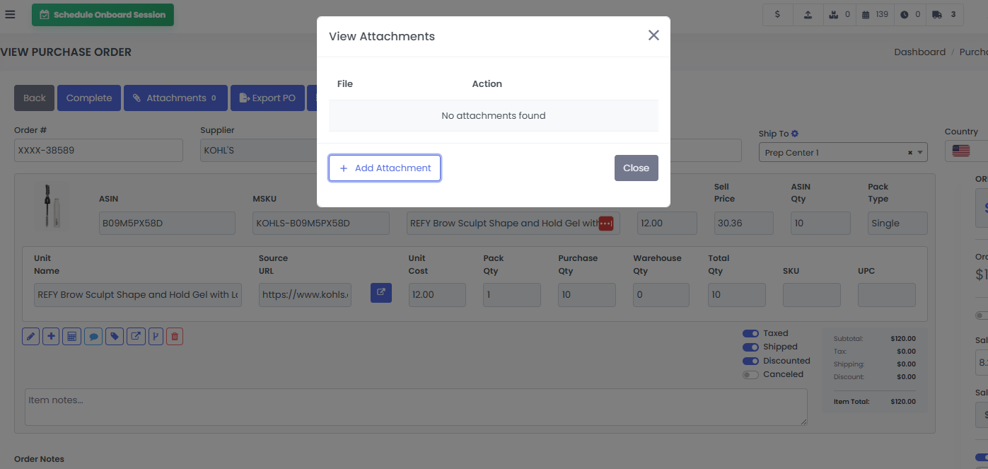3P Mercury purchase order attachment window for adding a receipt.