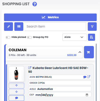 3P Mercury mobile shopping list showing a store purchase list for retail arbitrage.