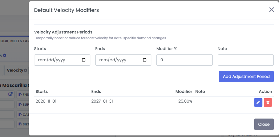 3P Mercury controls for adjusting velocity by date range and changing the recommended reorder quantity.
