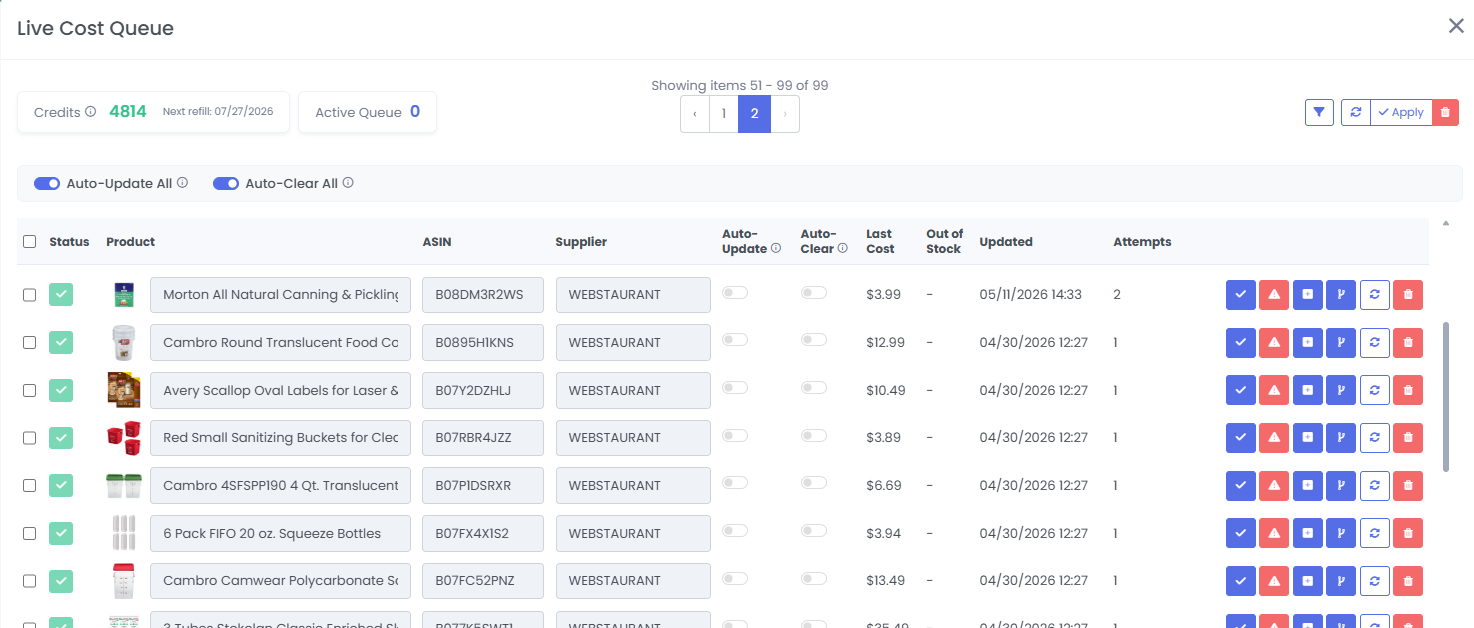 3P Mercury Live Cost Queue displaying supplier products, costs, stock status, and update controls.