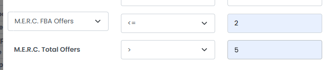 3P Mercury filter configured to find products with fewer than two FBA offers.