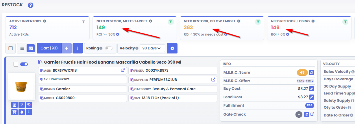 3P Mercury Restock page grouping ASINs into meets-target, below-target, and losing buckets.