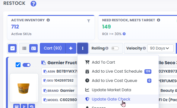 3P Mercury bulk menu showing the Update Gate Check action for selected restock products.