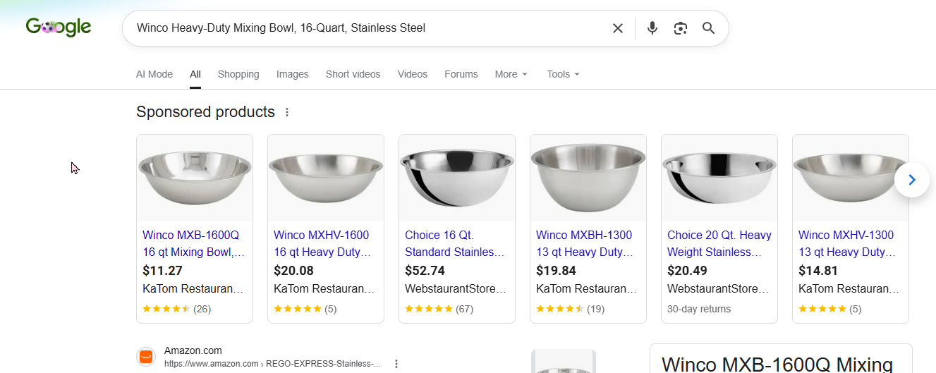 Google search results used to locate an exact retail source for an Amazon product.