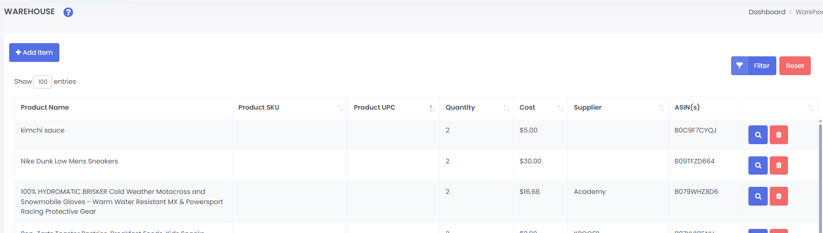 3P Mercury on-hand warehouse inventory screen showing inventory stored before shipment to Amazon.