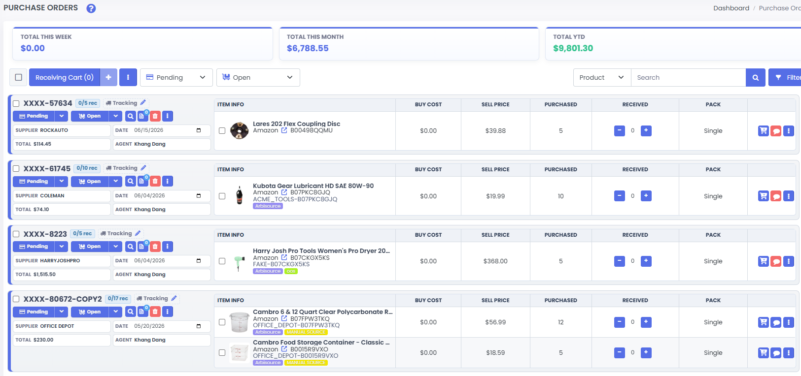 3P Mercury purchase order detail screen showing ordered items, supplier context, quantities, costs, and order status.