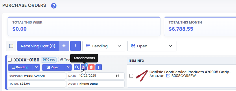 3P Mercury receipt management screen with search by ASIN for matching receipts to purchased inventory.