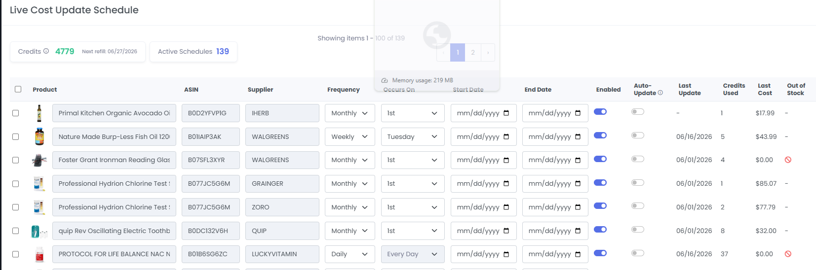 3P Mercury Live Cost scheduling settings for choosing how often supplier prices should be checked.