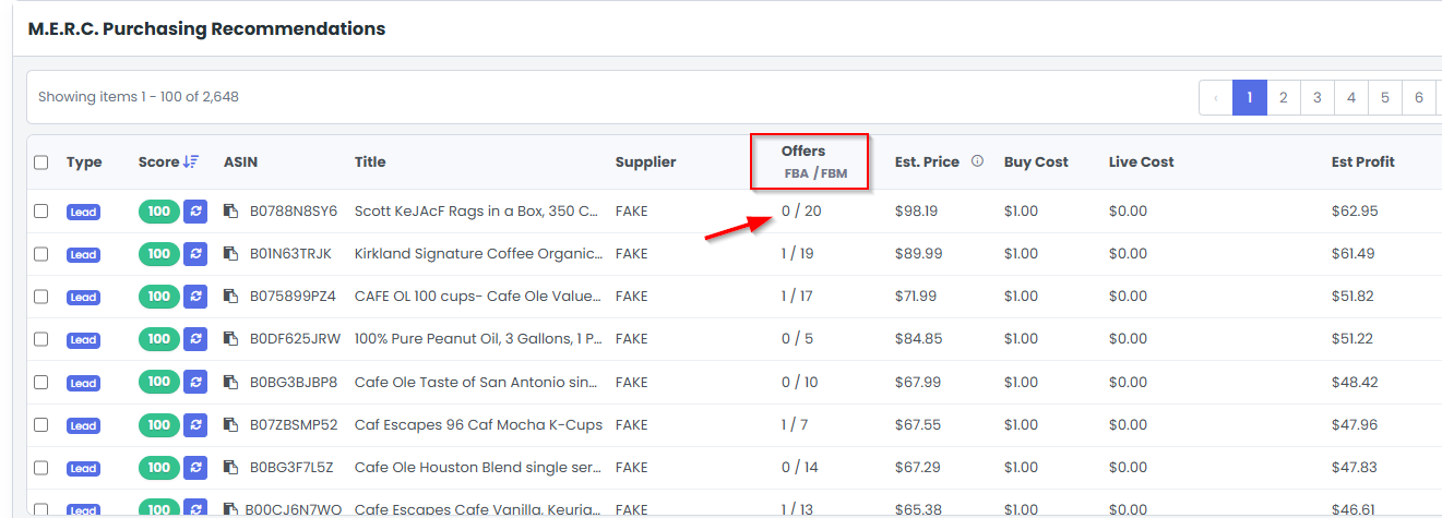 3P Mercury dashboard showing sortable purchasing recommendations and lead evaluation data.
