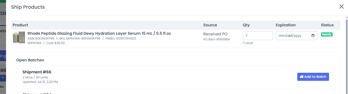 3P Mercury shipment workflow screen showing inventory being prepared for shipment to Amazon warehouses.