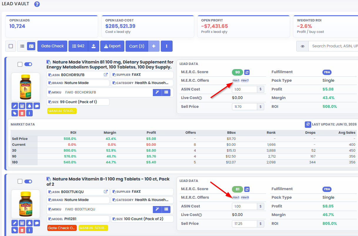 3P Mercury Lead Vault showing low FBA competition indicators on product leads.