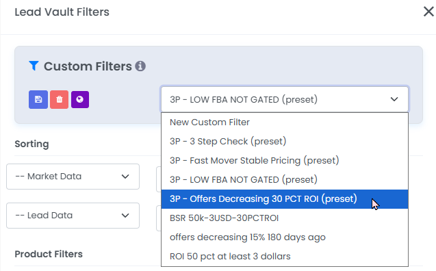 3P Mercury Lead Vault custom filters showing an offers decreasing preset.