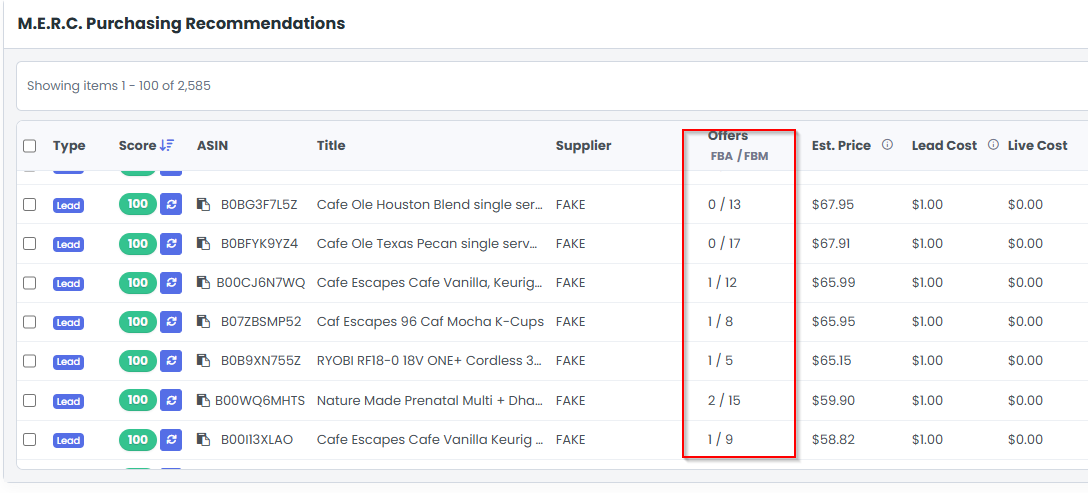 3P Mercury Merc purchasing recommendations showing low FBA offer counts.