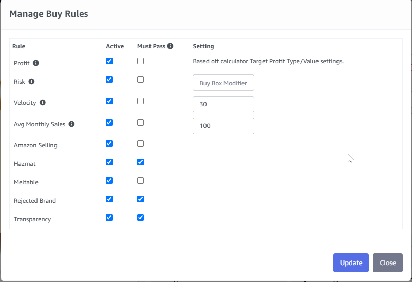 3P Mercury Buy Rules checking minimum profit, ROI, margin, and risk standards.