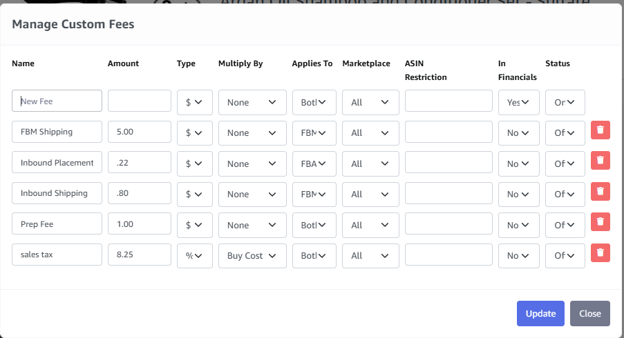 3P Mercury custom fee fields for prep, shipping, labels, and other product costs.