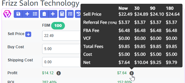 3P Mercury profit calculator showing Amazon fees, ROI, margin, and estimated profit.